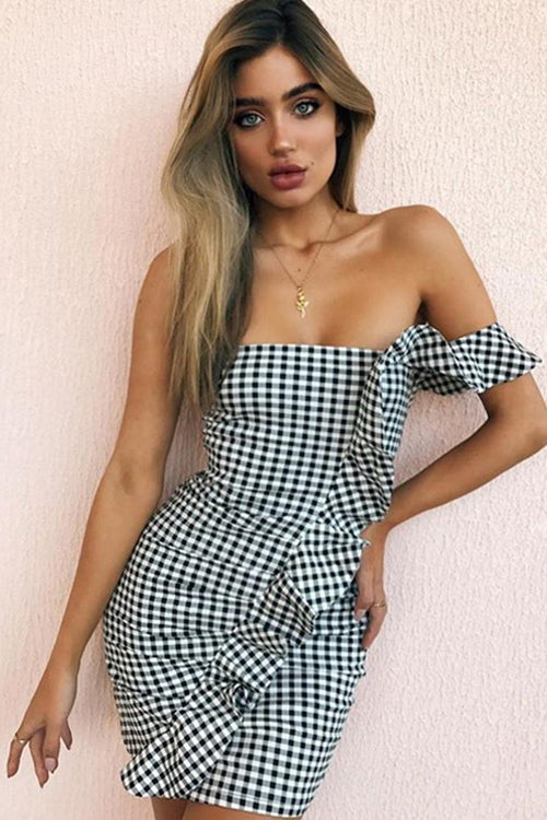 Square Neck Ruffle Trim Tartan Shift Mini Dress