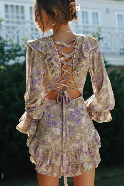 Deep V Neck Crochet Trim Bell Sleeve Tiered Floral Mini Dress