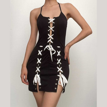 Halter Lace-Up Contrast Panel Slit Mini Dress