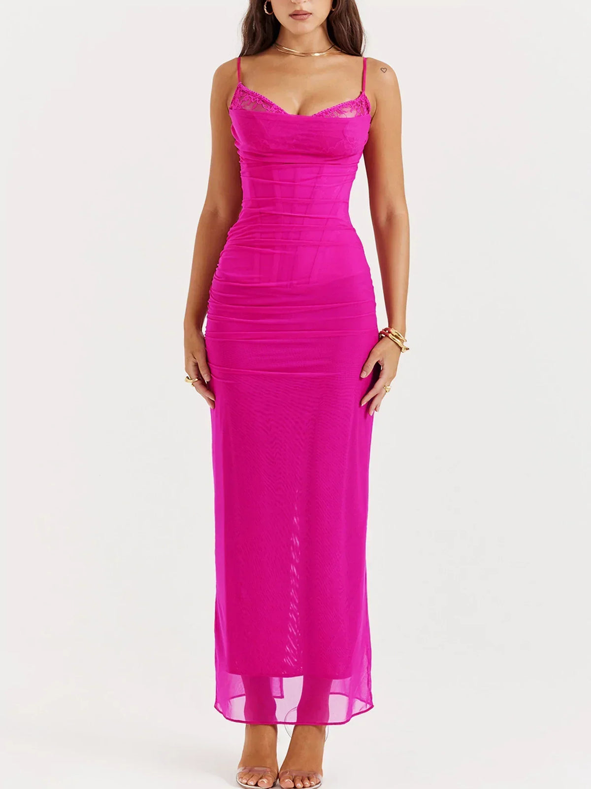 Corset Bodice Lace Trim Spaghetti Strap Sheer Mesh Overlay Maxi Dress