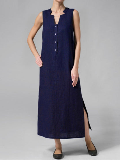 Sleeveless Notched Collar Button Front Linen Maxi Dress with Side Slits