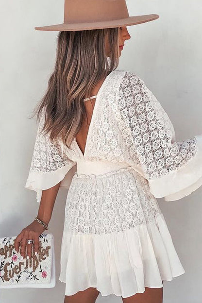Lace Bell Sleeve Deep V-Neck Button Front Ruffle Hem Mini Dress