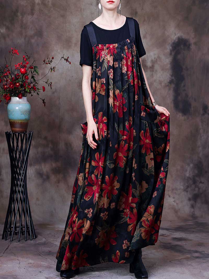 Large Floral Print Sleeveless Wide Leg Overall Jumpsuit