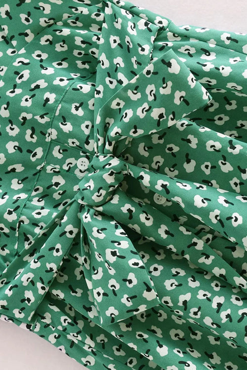 Deep V Neck Short Sleeve Tie Cuff Print Wrap Mini Dress