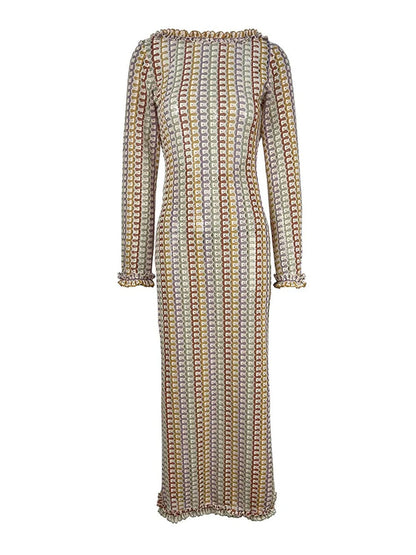 Crochet Scallop Stripe Ruffle Boat Neck Long Sleeve Mini Dress
