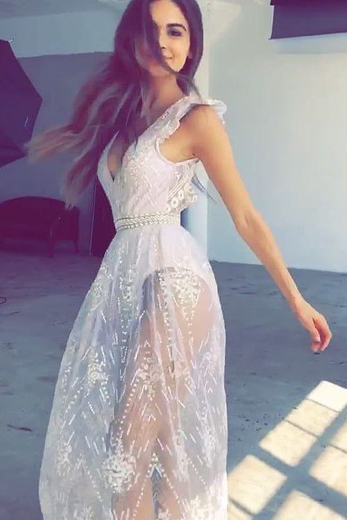 Deep V Neck Ruffle Strap Beaded Belt Sheer Embroidered Sequin Maxi Gown