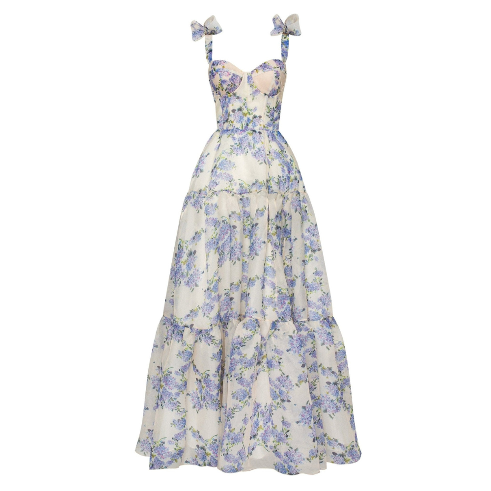 Strapless Sweetheart Corset Knotted Sleeve Tiered Floral Organza Maxi Gown