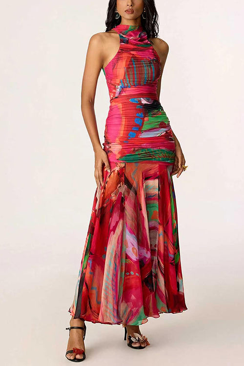 Mockneck Sleeveless Ruched Printed Maxi Dress