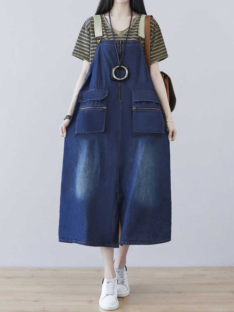 Bib Front Cargo Pocket Zip Front Denim Overall Midi Dress