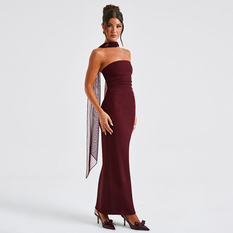 Strapless Ruched Bandeau Column Maxi Gown With Sheer Stole