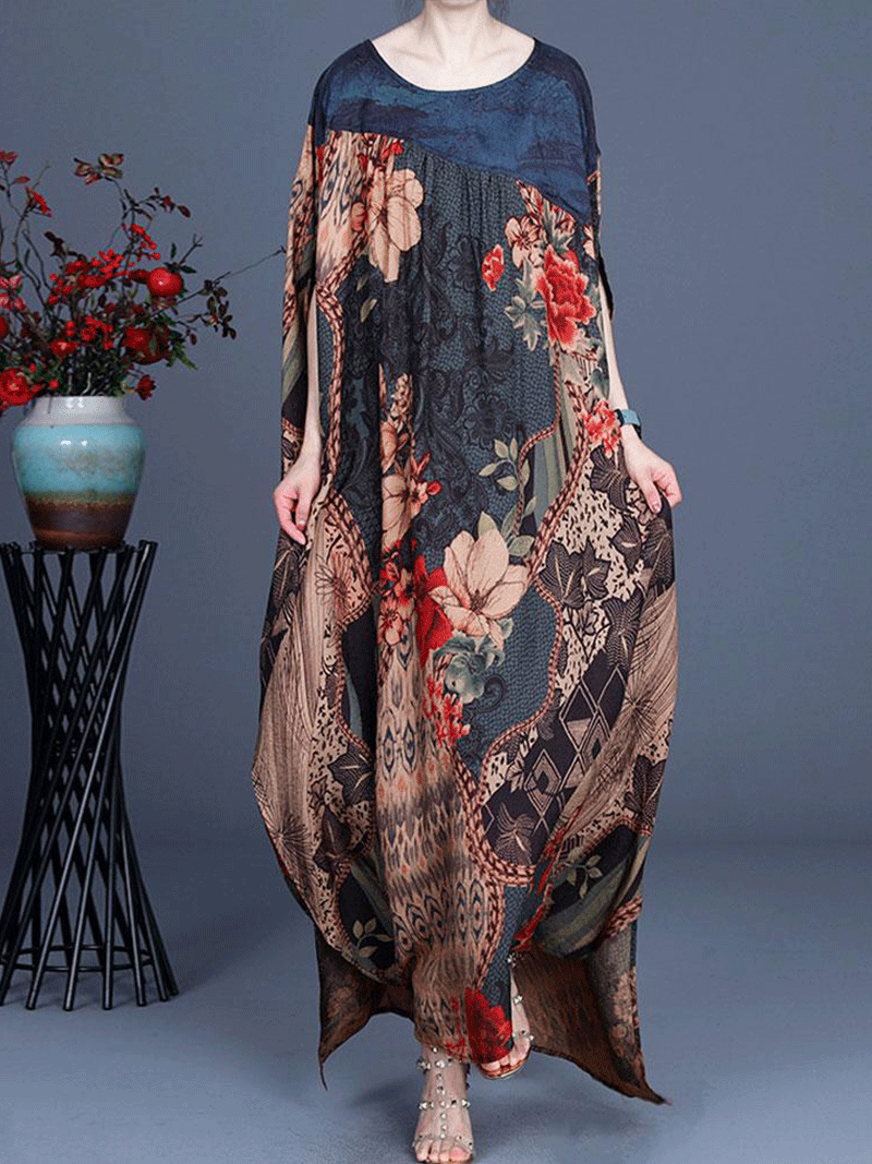 Scoop Neck Batwing Sleeve Mixed Floral Paisley Spotted Print Maxi Kaftan Dress