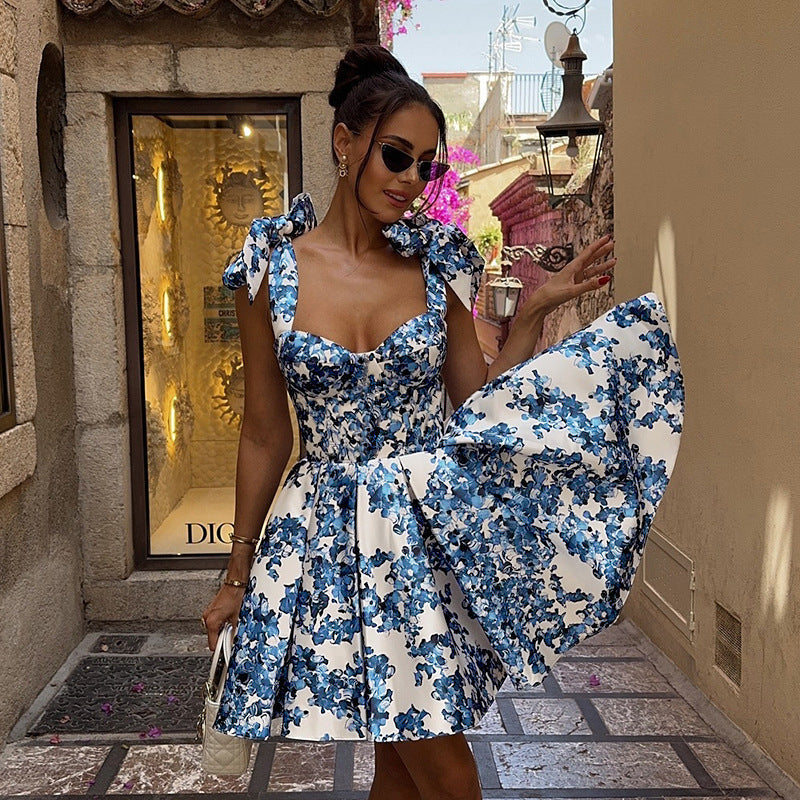 Sweetheart Bow Shoulder Floral Print Corset Mini Dress