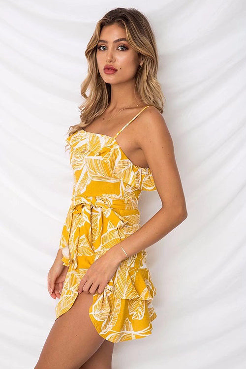 Spaghetti Strap Tie Waist Tropical Print Tiered Mini Dress