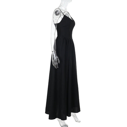 Spaghetti Strap V Neck Dropped Waist Gathered Front Slit Maxi Dress