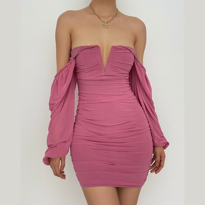 Strapless V-Notch Off Shoulder Puff Sleeve Ruched Mesh Mini Dress