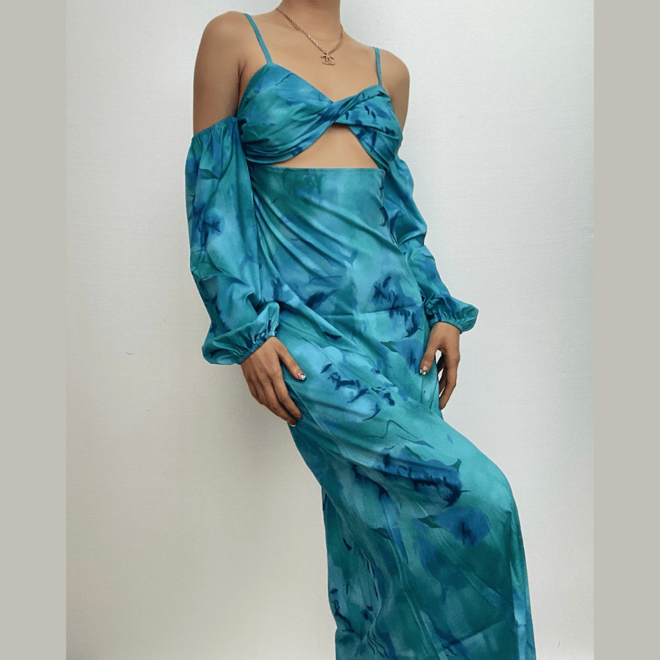 Spaghetti Strap Twist Knot Midriff Cutout Floral Print Puff Sleeve Maxi Dress