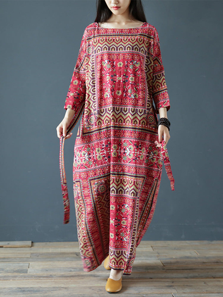 Boat Neck Three Quarter Sleeve Ethnic Geometric Print Tie Waist Maxi Dress