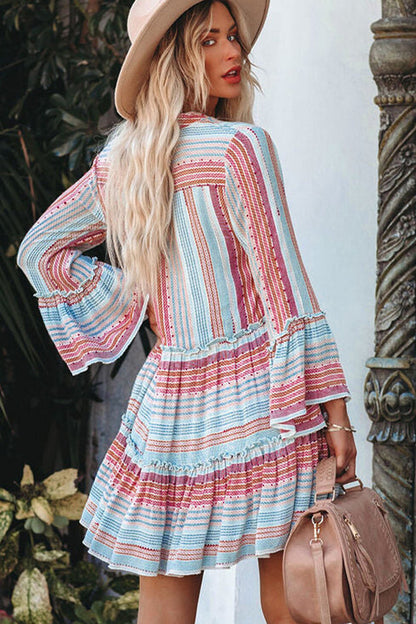 V Neck Split Collar Bell Sleeve Mixed Stripe Tiered Mini Dress