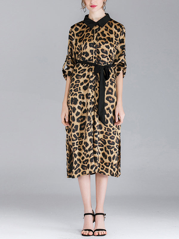 Contrasting Lapel Spotted Print Button Front High Slit Midi Shirt Dress