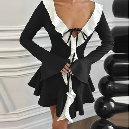 Deep V Neck Tie Front Ruffle Collar Bell Sleeve Mini Dress