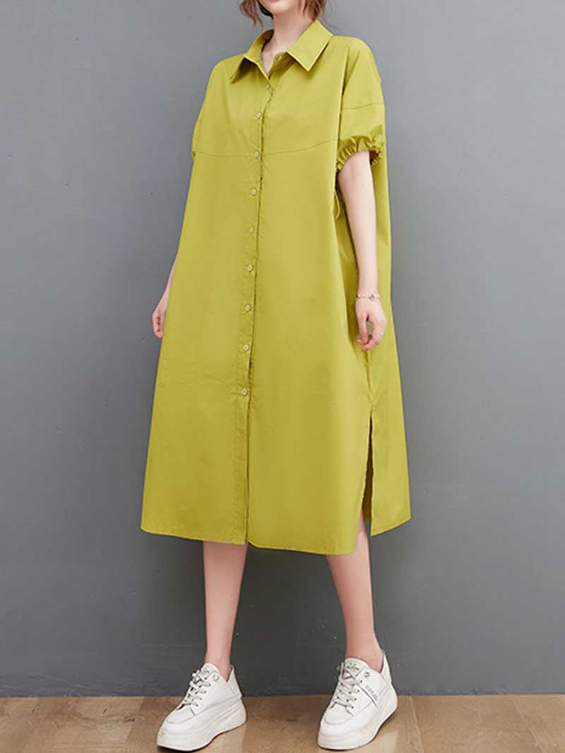 Pointed Collar Button Front Belted Cotton Shirt Midi Dress