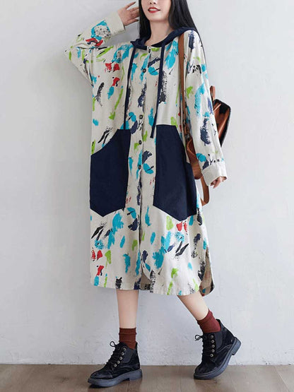 Hooded Zip Front Jacket Style Midi Dress