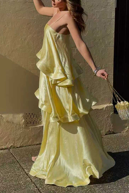 Adjustable Strap Ruffle Layered Satin Maxi Dress