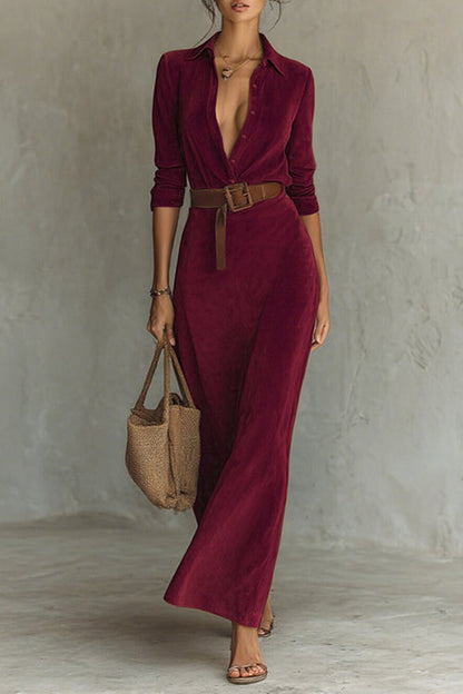 Long Sleeves Button Up Faux Suede Belted Maxi Dress