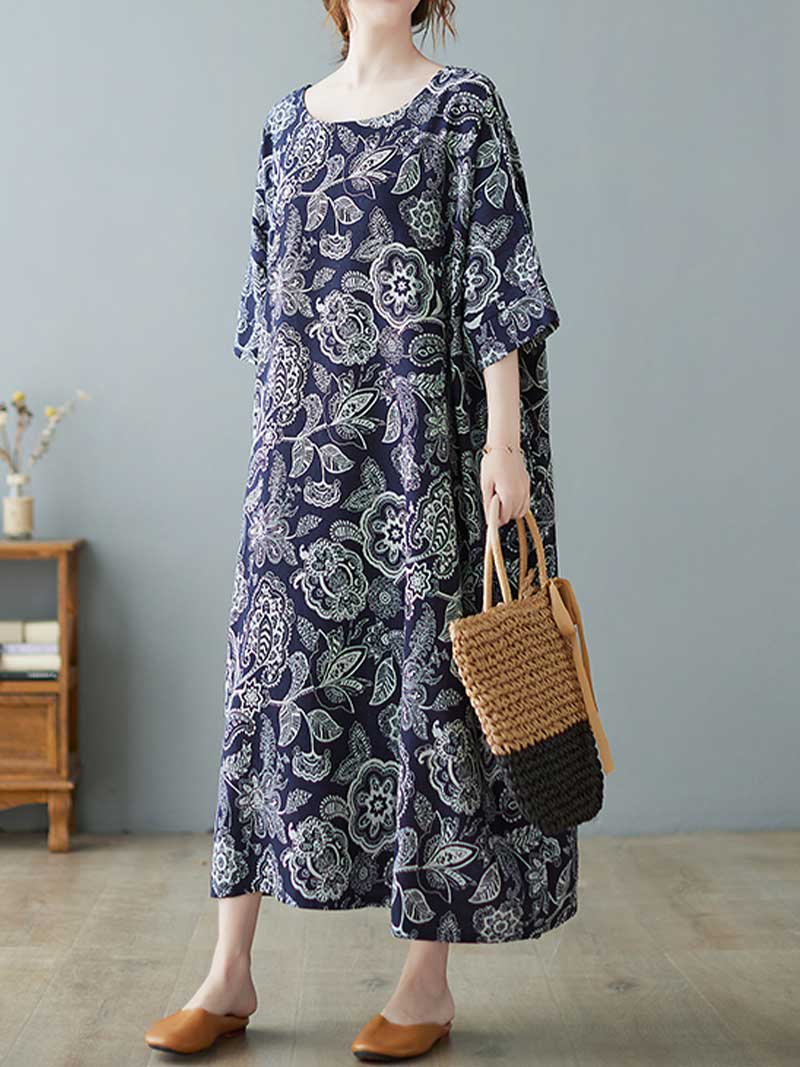 V Neck Batwing Sleeve Abstract Print Kaftan Midi Dress
