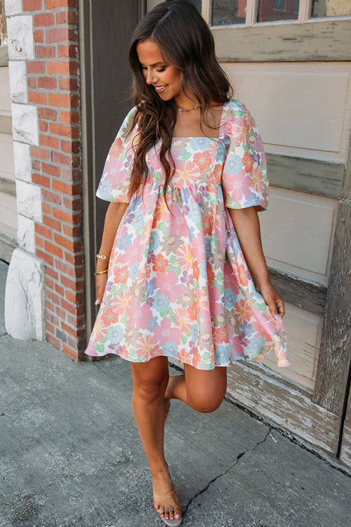 Square Neck Puff Sleeve Ditsy Floral Empire Babydoll Mini Dress