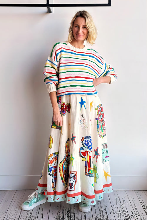 Spaghetti Strap Square Neck Illustrative Print Empire Waist Midi Dress