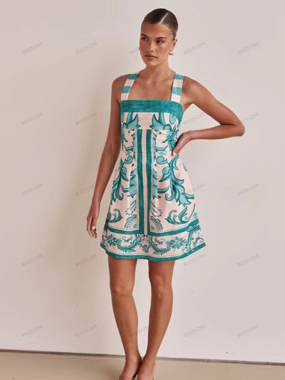 Graphic Print Spaghetti Strap Smocked Tier Mini Dress