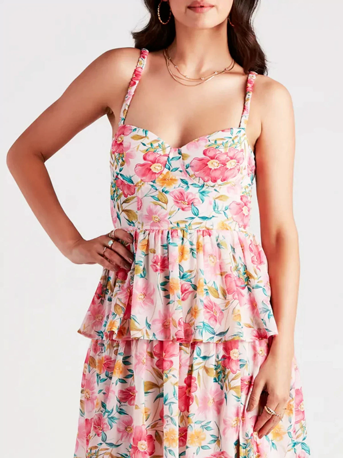 Sweetheart Neck Tiered Ruffle Floral Print High Slit Maxi Dress