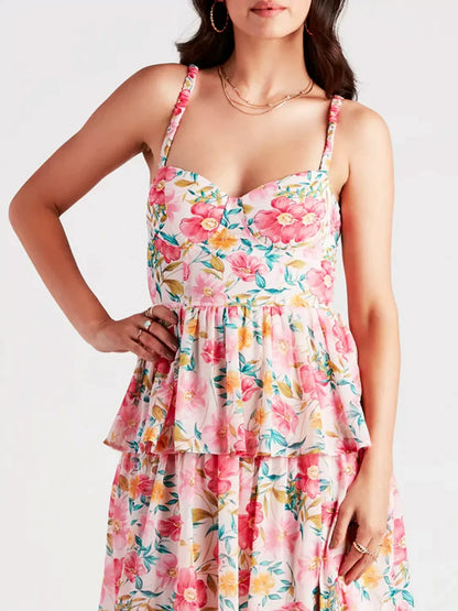 Sweetheart Neck Tiered Ruffle Floral Print High Slit Maxi Dress
