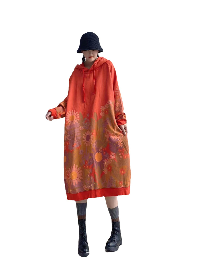 Hooded Long Sleeve Floral Print Knit Bodycon Midi Dress