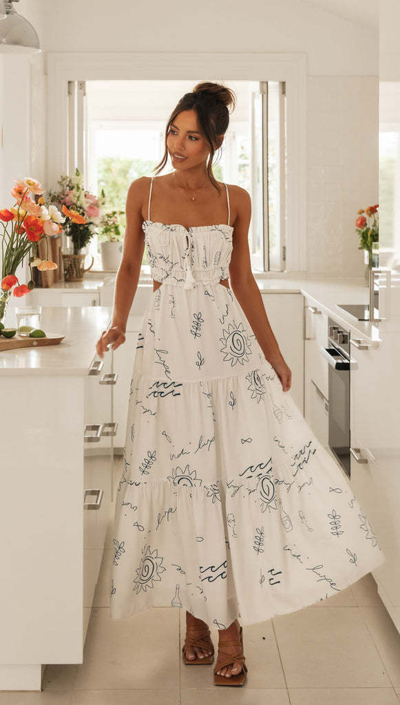 Spaghetti Strap Smocked Ruffle Neck Graphic Print Side Cutout Tiered Maxi Dress