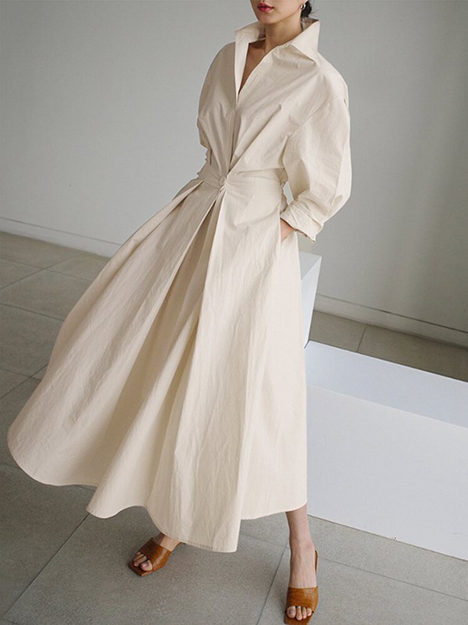 Collared Deep V-Neck Puff Sleeve Pleated A-Line Midi Shirt Dress