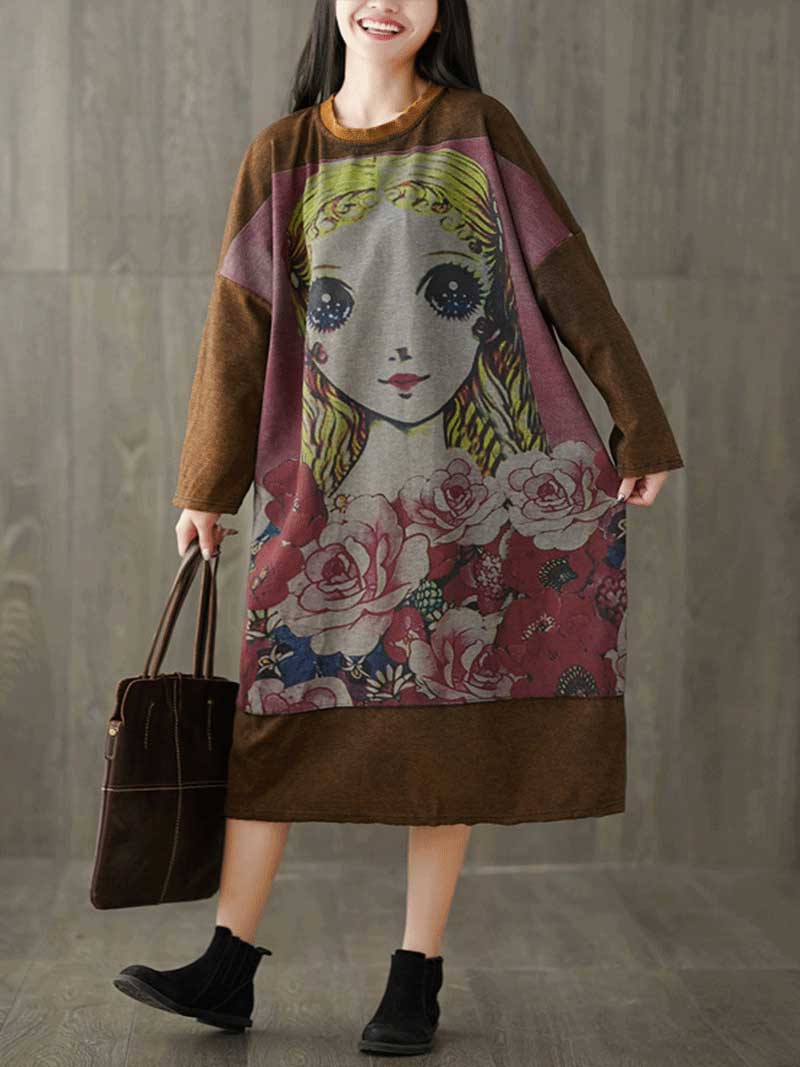 Round Neck Long Sleeve Graphic Knit Bodycon Midi Dress