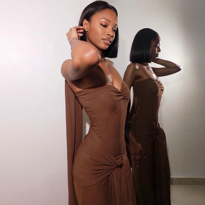 Strapless Sweetheart Front Knotted Sash Drape Mermaid Maxi Gown With Scarf