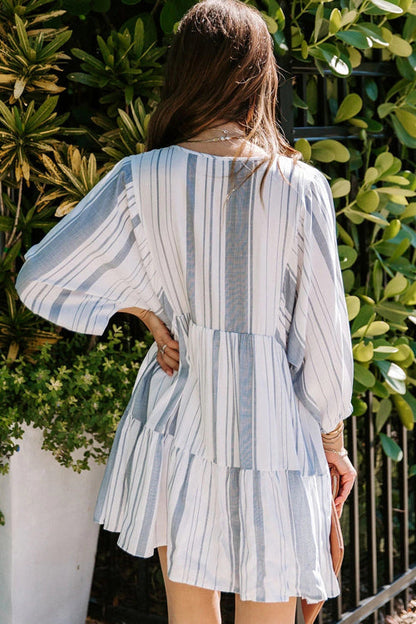 V-Neck Tassel Tie Long Sleeve Tiered Vertical Stripe Babydoll Mini Dress