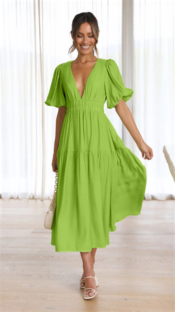 Deep V Neck Puff Sleeve Smocked Waist Tiered Midi Dress