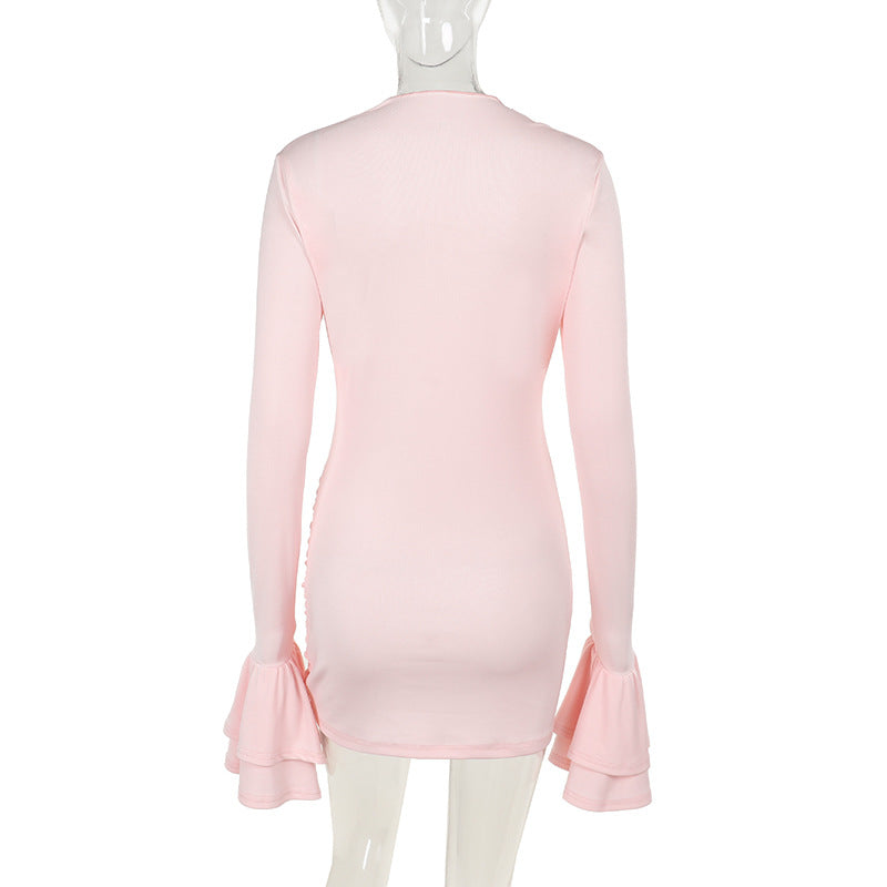 Crew Neck Long Sleeve Ruched Tiered Cuff Flare Hem Mini Dress