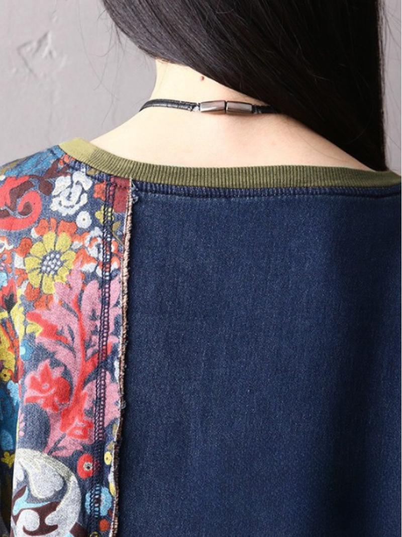 Scoop Neck Floral Panel Oversized Denim Tunic Dress