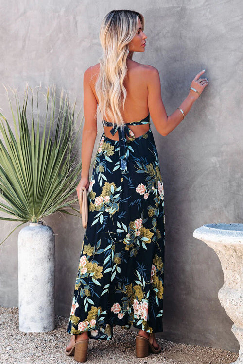 Halter Neck Smocked Waist Floral Print High Slit Maxi Dress