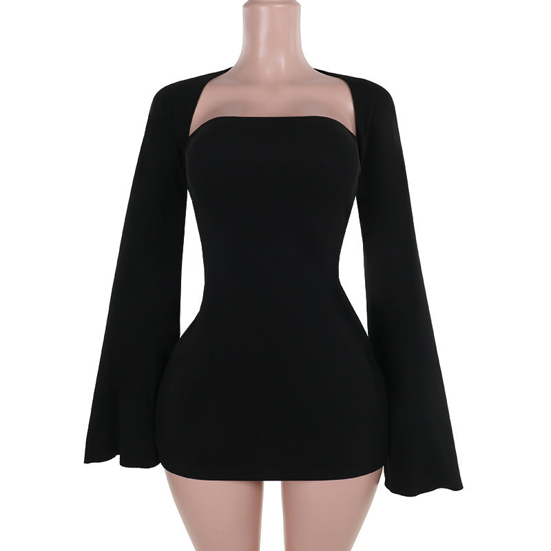 Strapless Tube Bolero Long Flare Sleeve Mini Dress Set