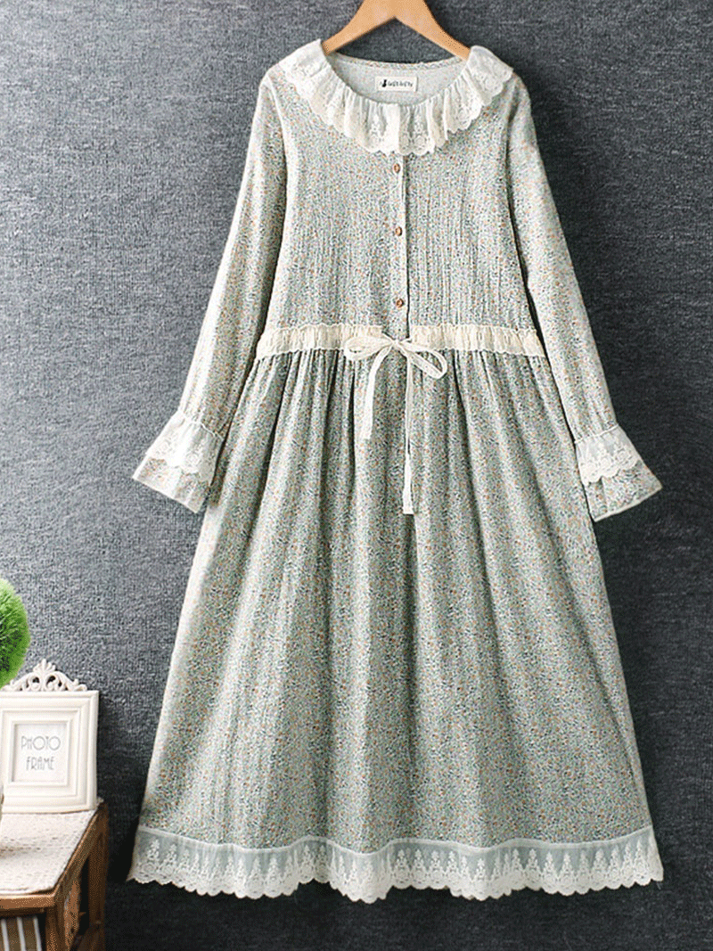 Round Neck Lace Trim Tiered Smock Midi Dress