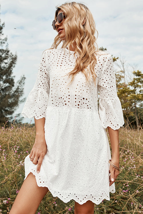Square Neck Crochet Lace Panel Button Front Mini Dress