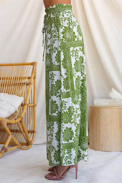 Elastic Waist Floral Print Pocketed Wide Leg Pants