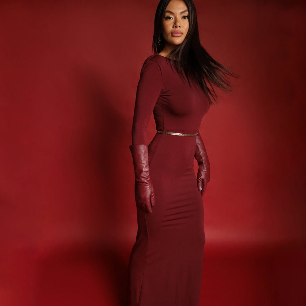 Boat Neck Long Sleeve Belted Bodycon Maxi Dress with Gloves