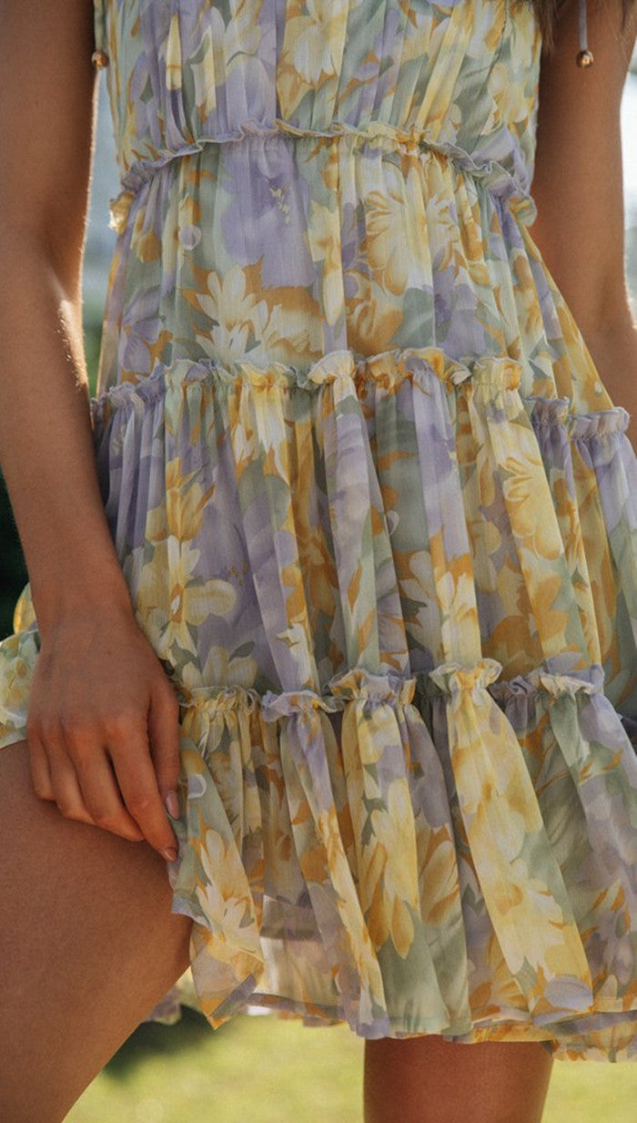 Square Neck Tie-Shoulder Spaghetti Strap Empire Waist Tiered Floral Mini Dress